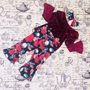 Floral Velvet Little Girls Outfit